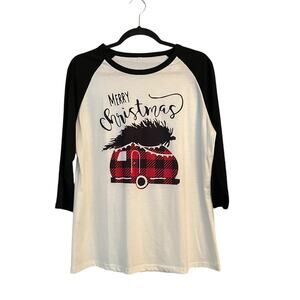 Merry Christmas Retro Plaid Camper Raglan Shirt Top Black & White  XL Country